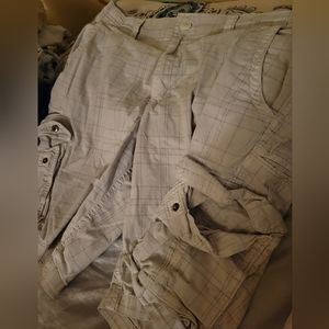 George Men's Cargo Shorts Size 36 White Cotton Stretch Flat Front Plaid Grid